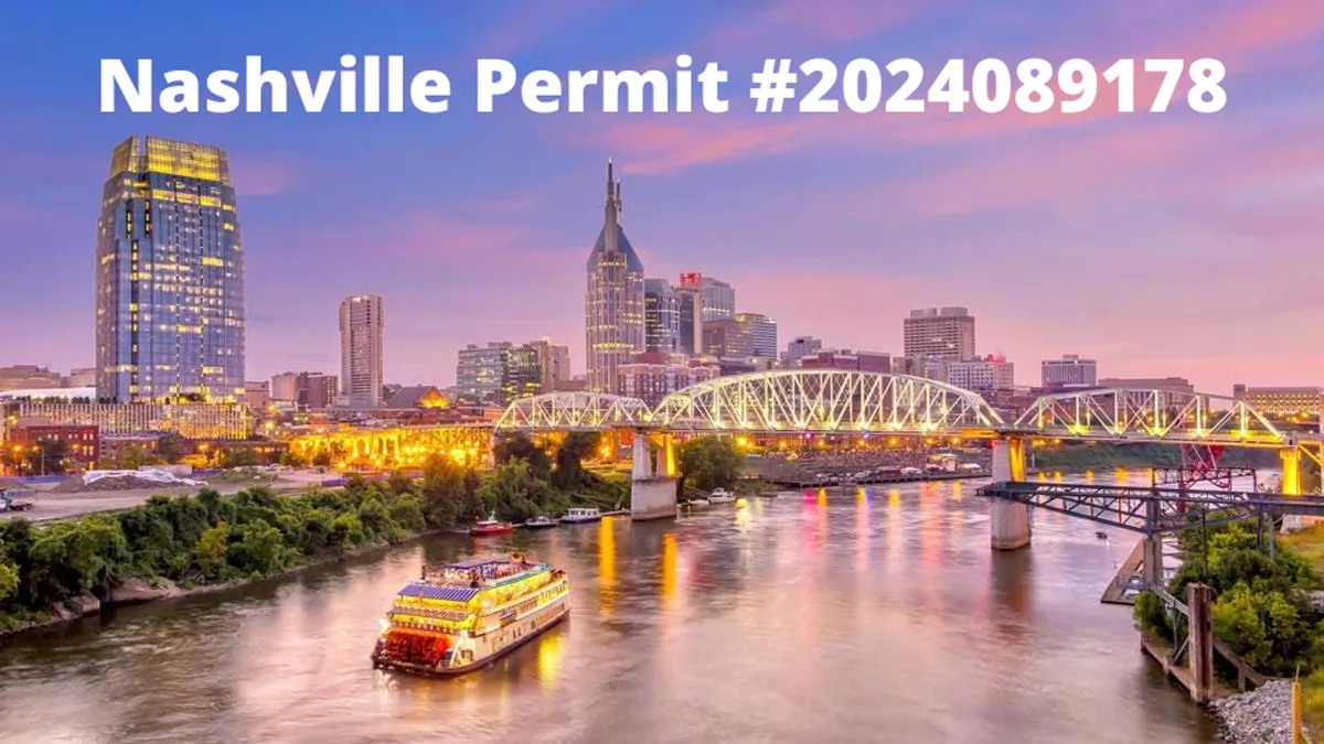 A picturesque sunset view of the Nashville skyline with a riverboat gliding along the water, bridges crossing the river, and the cityscape glowing with festive energy, perfect for evening strolls or nightlife adventures.