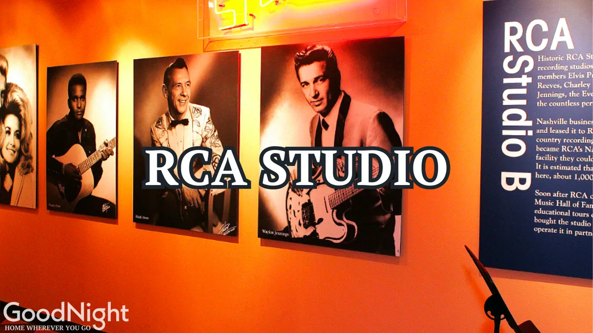 This image showcases framed photographs of famous musicians, an RCA Studio sign, and an informational panel about RCA Studio B. The scene likely captures the legendary ambiance of one of Music Row's iconic studios, emphasizing its deep musical heritage.