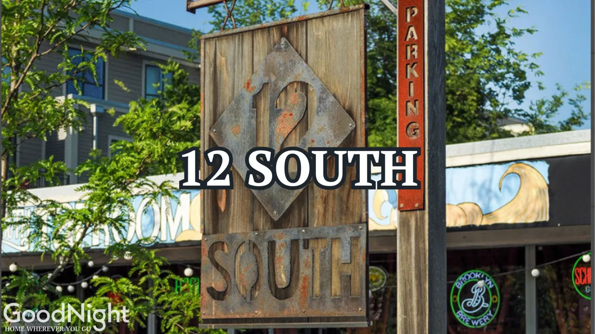A friendly, tree-lined street displaying the iconic '12 SOUTH' sign, local storefronts, and an inviting neighborhood backdrop. Colorful greenery and visible boutique façades underline the area’s trendy yet approachable vibe.