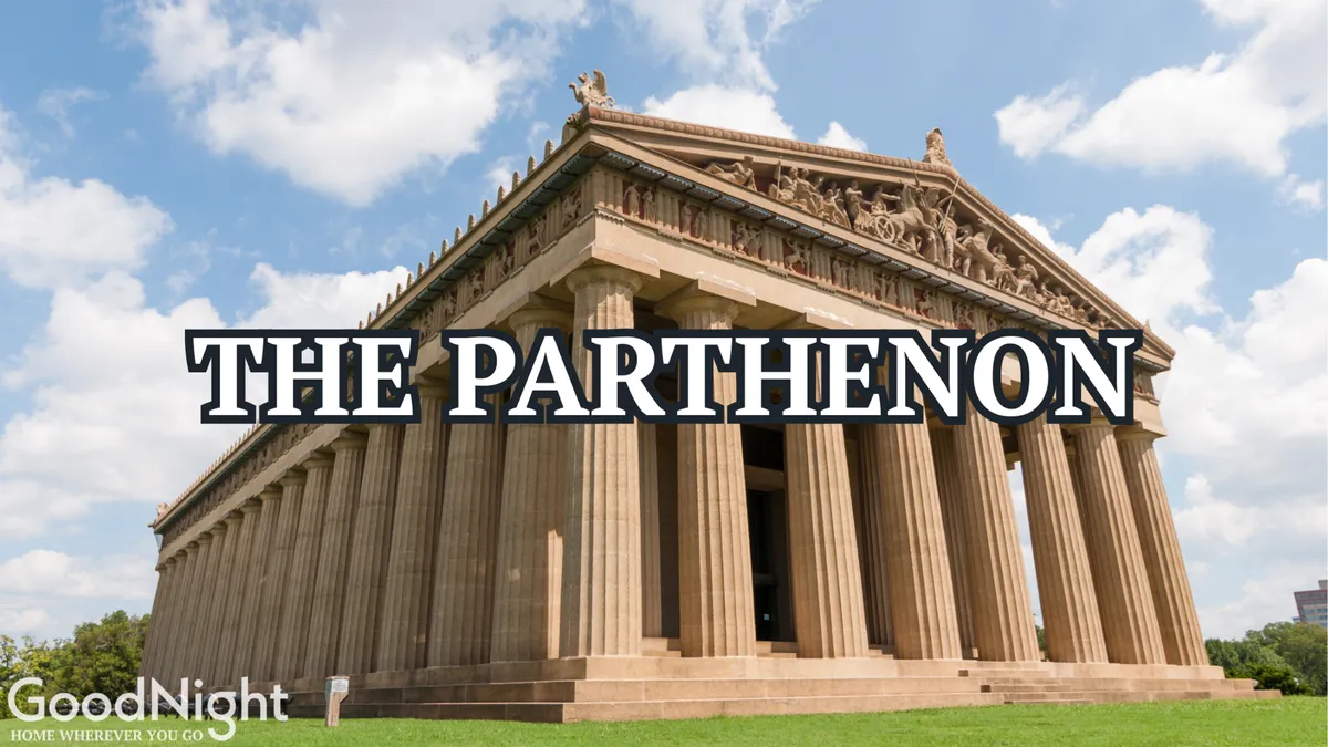 This image captures the iconic Parthenon in Nashville, highlighting its grand columns and intricate relief sculptures, set against a backdrop of greenery. Visitors are seen touring the historical site, taking photos, and enjoying the park-like setting.